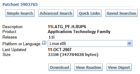 ATG RUP 6 download page screenshot: Screenshot of download page for patch 5903765 (technology stack update) for Oracle E-Business Suite Release 11i 