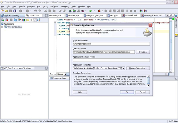 CreateApps: Screenshot of Oracle JDeveloper showing the initial dialog box for creating a new WebCenter application 