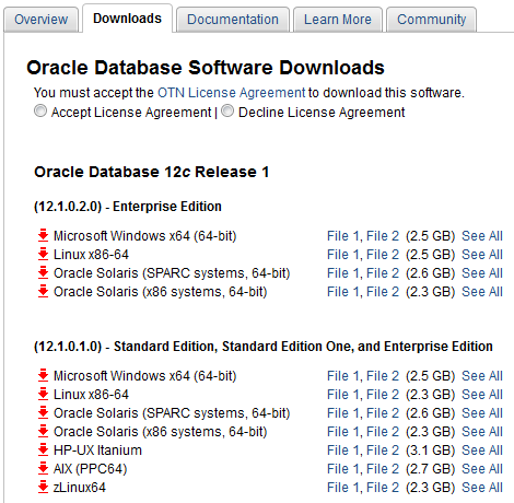 Screenshot of Database 12.1.0.2 OTN download page