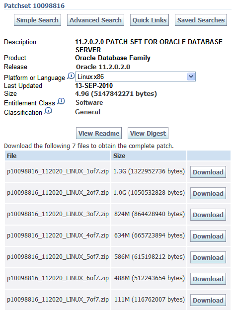Screenshot of 11-2-0-2 11gR2 database patchset 1 Patchset 10098816 download page db_11202_screenshot.png
