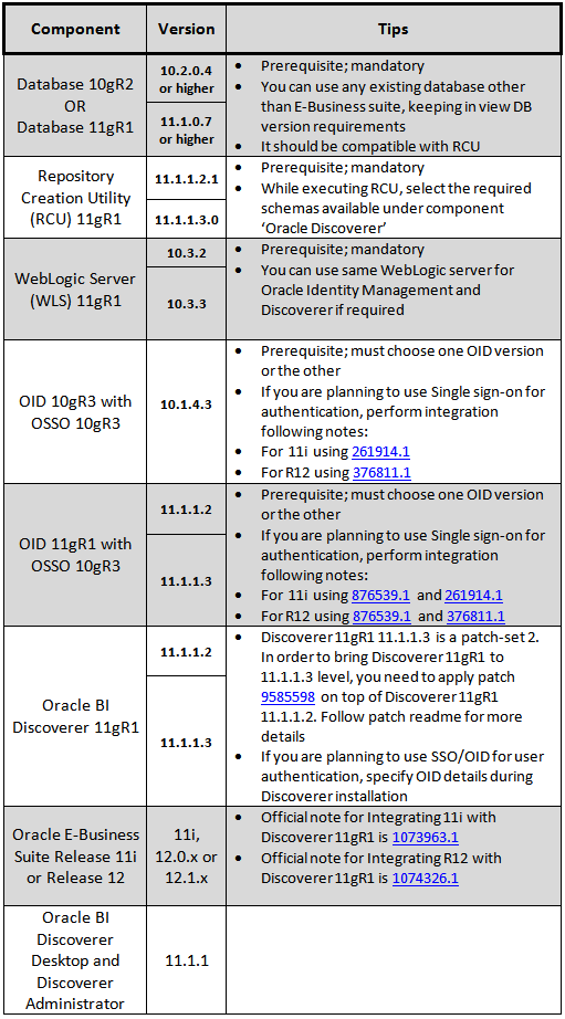 Table summarizing Discoverer 11g prerequisites