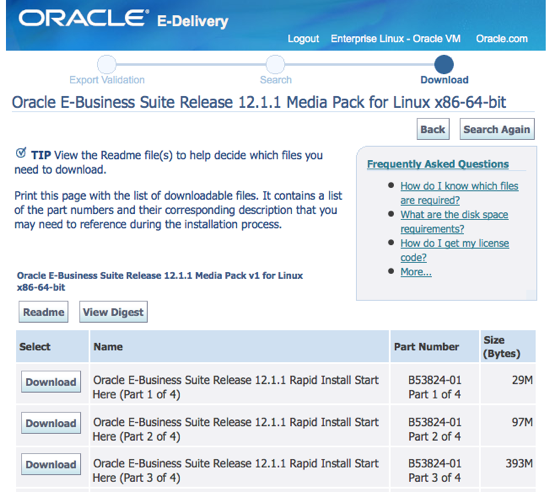 Screenshot of download page to EBS 12 1 1 edelivery site