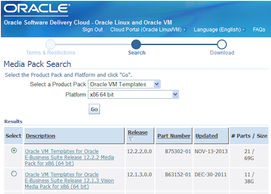 Screenshot of Oracle VM template download site