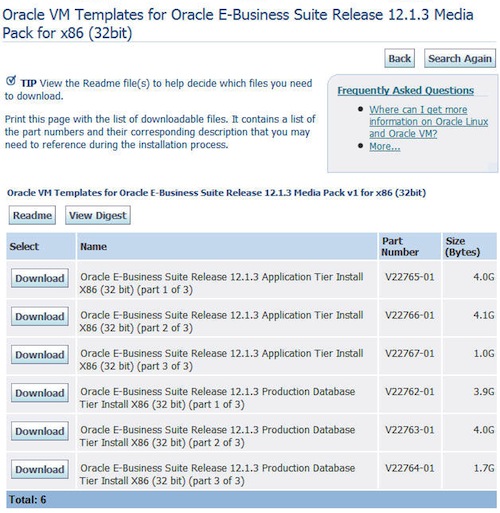 Screenshot of download page for Oracle VM EBS 12.1.3 templates