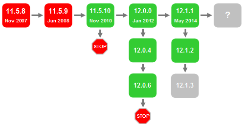 Snapshot of E-Business Suite release roadmap including 11i and 12 as of April 2010