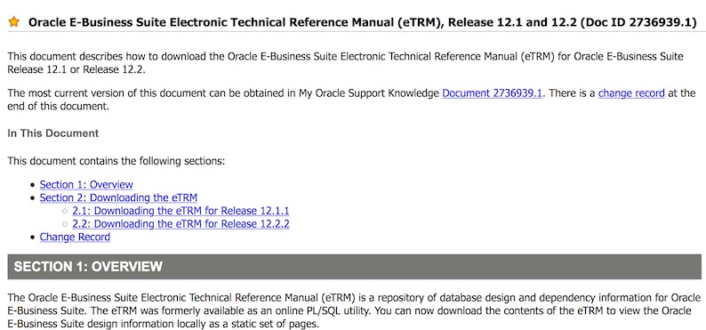 Oracle Electronic Technical Reference Manual (MOS Note: 2736939.1)