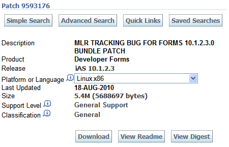 Screenshot of download screen for Forms 10 1 2 3 1 bundle patch 9593176