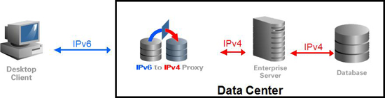 IPv6 Reverse Proxy: Diagram showing IPv6 to IPv4 reverse proxy architecture for the E-Business Suite 
