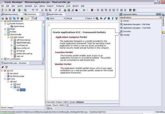 JDev Portlets: Screenshot of Oracle JDeveloper IDE page showing list of E-Business Suite Release 12 WSRP portlets 