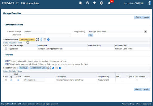 Manage Favorites page showing "Apprais" and "Manager Self-Service" as search criteria