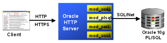 Architecture diagram showing flow from client to mod_plsql Apache mod to Oracle database