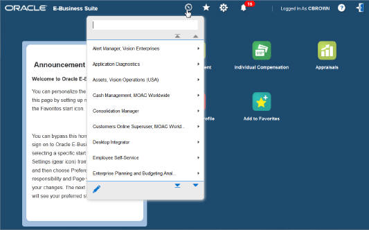 Home page showing the drop-down Navigator menu
