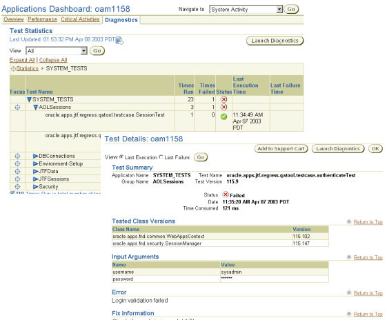 Oracle Applications Manager 11i Diagnostic Tests Screenshot: