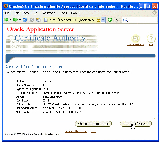 Oracle Certificate Authority Screenshot:
