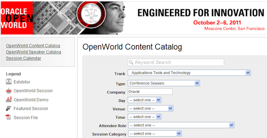 OpenWorld 2011 Content Catalog screenshot
