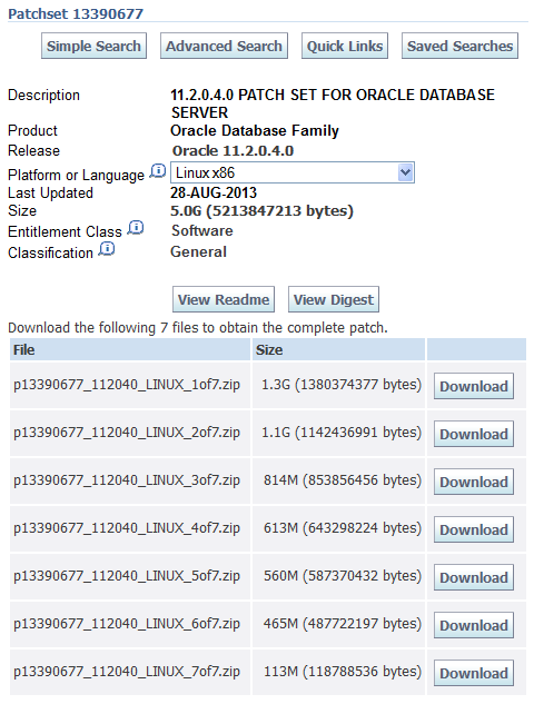 Oracle Database 11.2.0.4 Patchset download screenshot