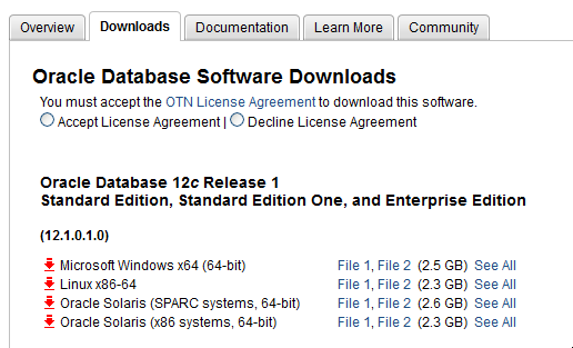 Oracle Database 12.1.0.1 download screenshot