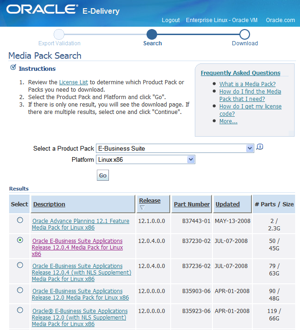 Screenshot of Oracle E-Delivery website