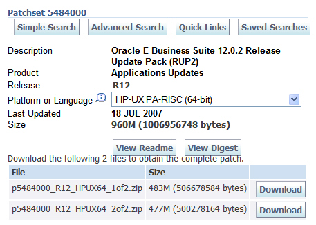 Patch 5484000 screenshot: Screenshot of download screen for E-Business Suite Release 12.0.2 Release Update Pack (RUP2) patch 5484000