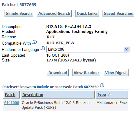ATG Patch 6077669 screenshot: Screenshot of download screen for Oracle Applications Technology Software Update 12.0.3 patch 6077669 