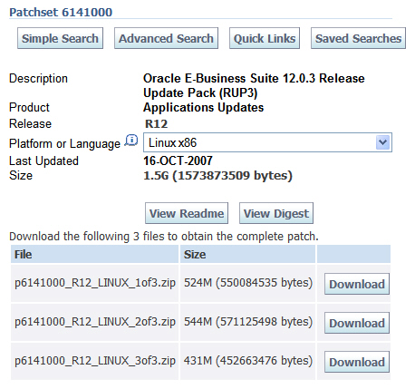 Patch 6141000 download screenshot: Screenshot of download screen for Applications 12.0.3 Release Update Pack 3 patch 6141000 