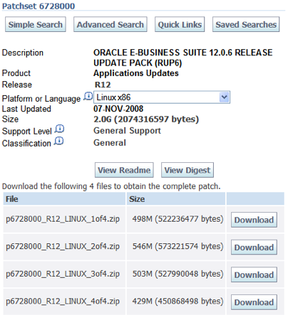 Screenshot of download page for EBS 12 0 6 RUP 6 patch 6728000