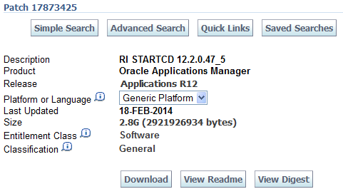 Screenshot of download page for patch 17873425 startCD