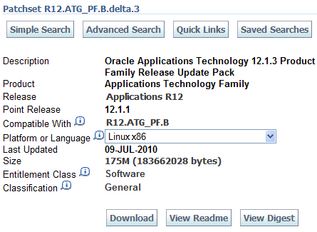 Screenshot of download page for ATG 12.1.3 Release Update Pack 