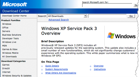WinXP SP3 Download Screenshot: Screenshot of Microsoft Windows XP Service Pack 3 download overview page