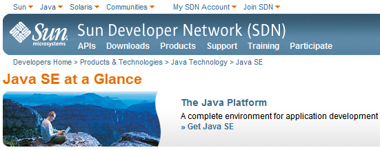 Sun Java Website screenshot: Screencap of Sun's Java SE website 