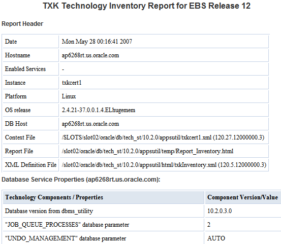 Technology Inventory Utility Sample Screenshot: Screenshot of sample Technology Inventory Utility report for E-Business Suite Release 12