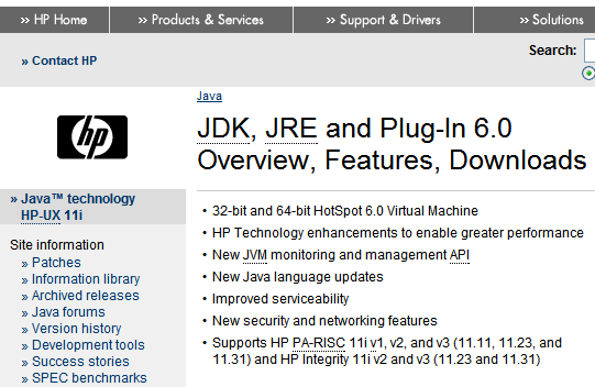 HP-UX Java 6 screenshot: Screenshot of HP's download website for HP-UX JDK, JRE, and Plug-in downloads for Java 6 for HP-UX PA-RISC platforms 