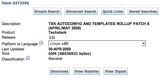 TXK Rollup S: Screenshot of Metalink download page for TXK AutoConfig and Templates Rollup Patch S (APRIL/MAY 2008, Patch 6372396)