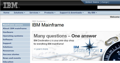 IBM System Z homepage screenshot: Screenshot of IBM System Z mainframe website homepage 