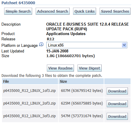 E-Business Suite 12.0.4 Patch 6435000: Screenshot of download site for E-Business Suite Release 12.0.4 Release Update Pack Patch 6435000 