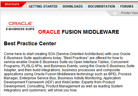 FMW Best Practices Screenshot: Screenshot of Oracle E-Business Suite + Fusion Middleware Best Practices Center