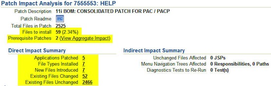 Screenshot of Patch Wizard Impact Analysis Report