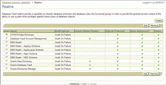 Oracle Supplied Ebiz 11i Realms: Screenshot of Database Vault 10g 10.2.0.3 Realms definition screen, with pre-seeded Realms for the E-Business Suite Release 11i displayed 