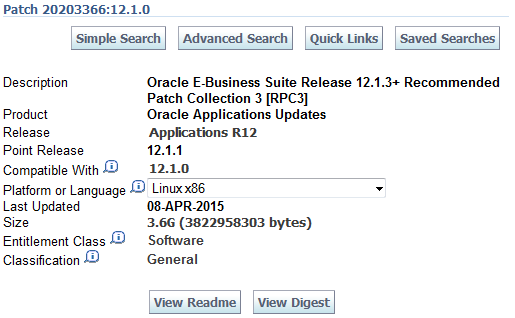 EBS 12.1.3 RPC3 Patch 20203366 download screenshot