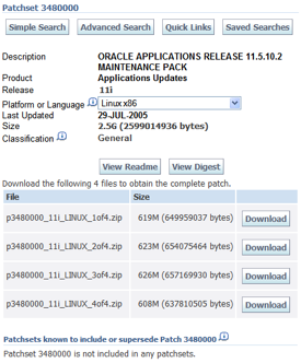 Screenshot of Metalink download screen for 11.5.10.2 Maintenance Pack patchset 3480000