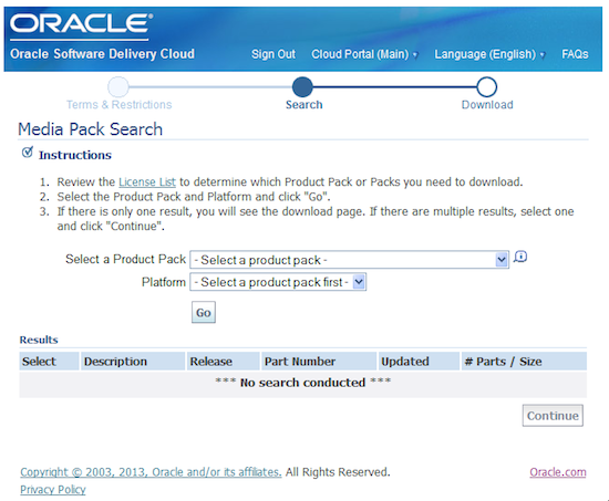 Screenshot of Oracle Software Delivery Cloud