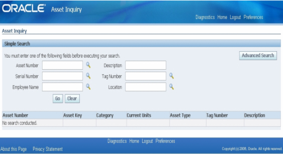 Oracle Secure Enterprise Search screencap: Screen capture of Oracle Secure Enterprise Search 10g with Assets Inquiry screen for E-Business Suite Release 12.0.3 