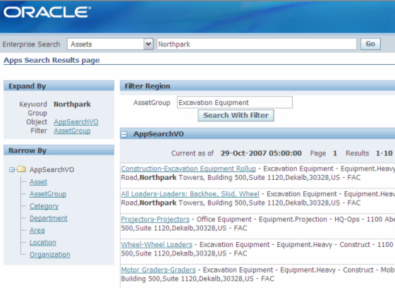 SES search results: Oracle Secure Enterprise Search 10g sample search results for an E-Business Suite Release 12.0.3 search