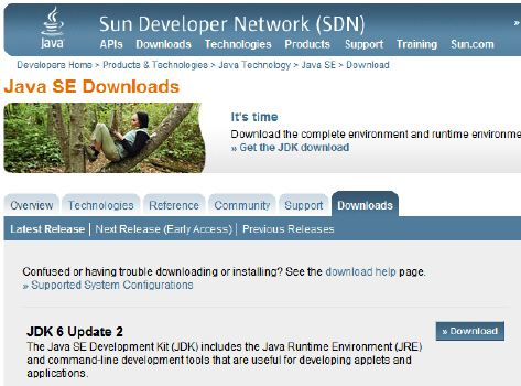 Sun Java SE Download page screenshot: Screenshot of Sun Java SE download page 