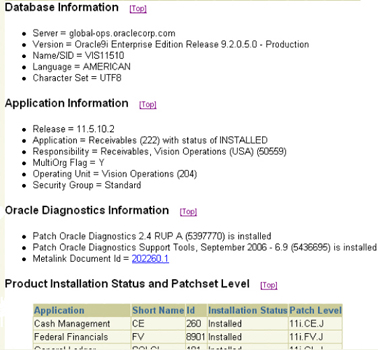 Support Diagnostics Screenshot: Screenshot of sample diagnostic report output for Financials - Receivables 