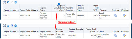 Hide column using "minus" icon at top of column header