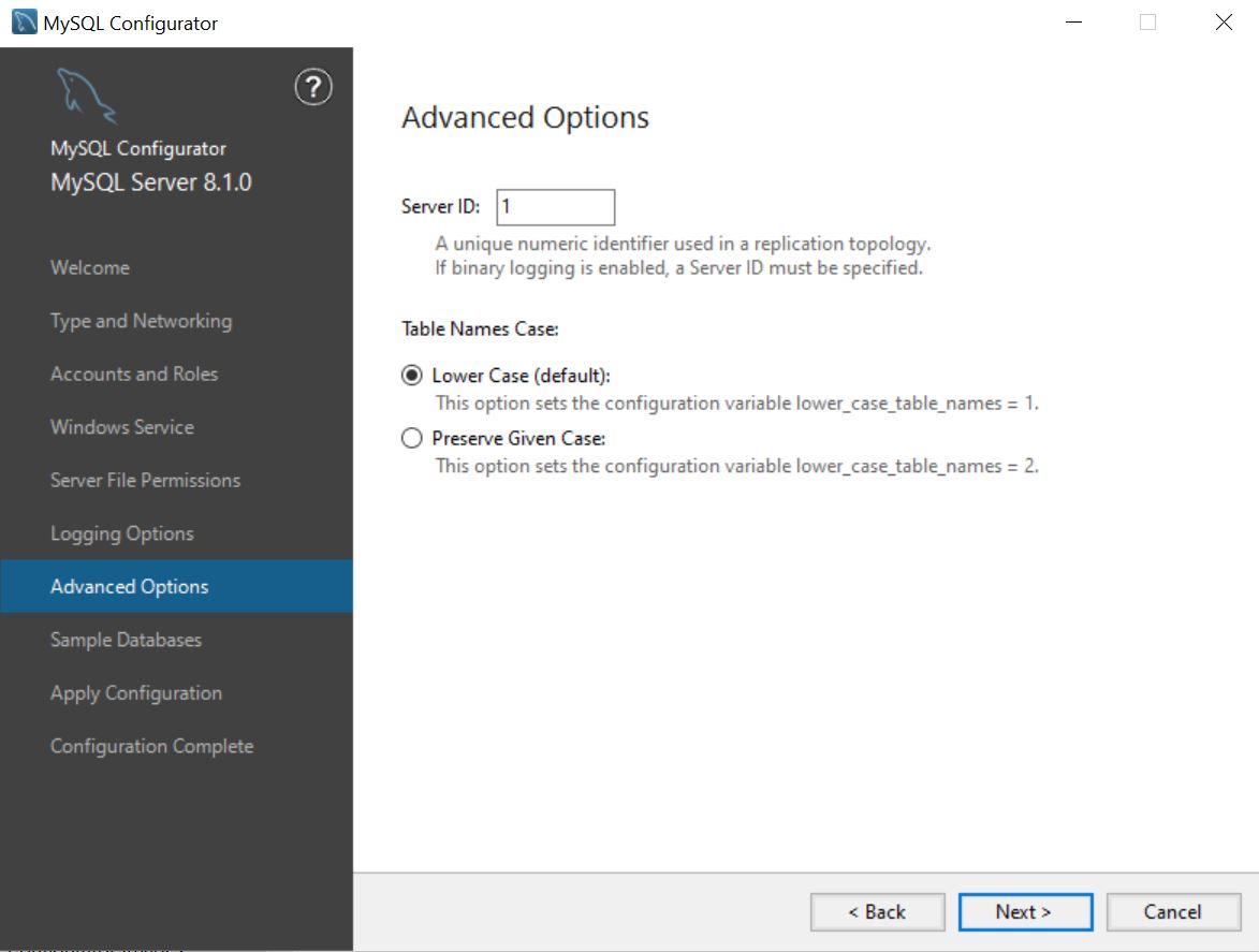 MySQL Configurator Advanced Options