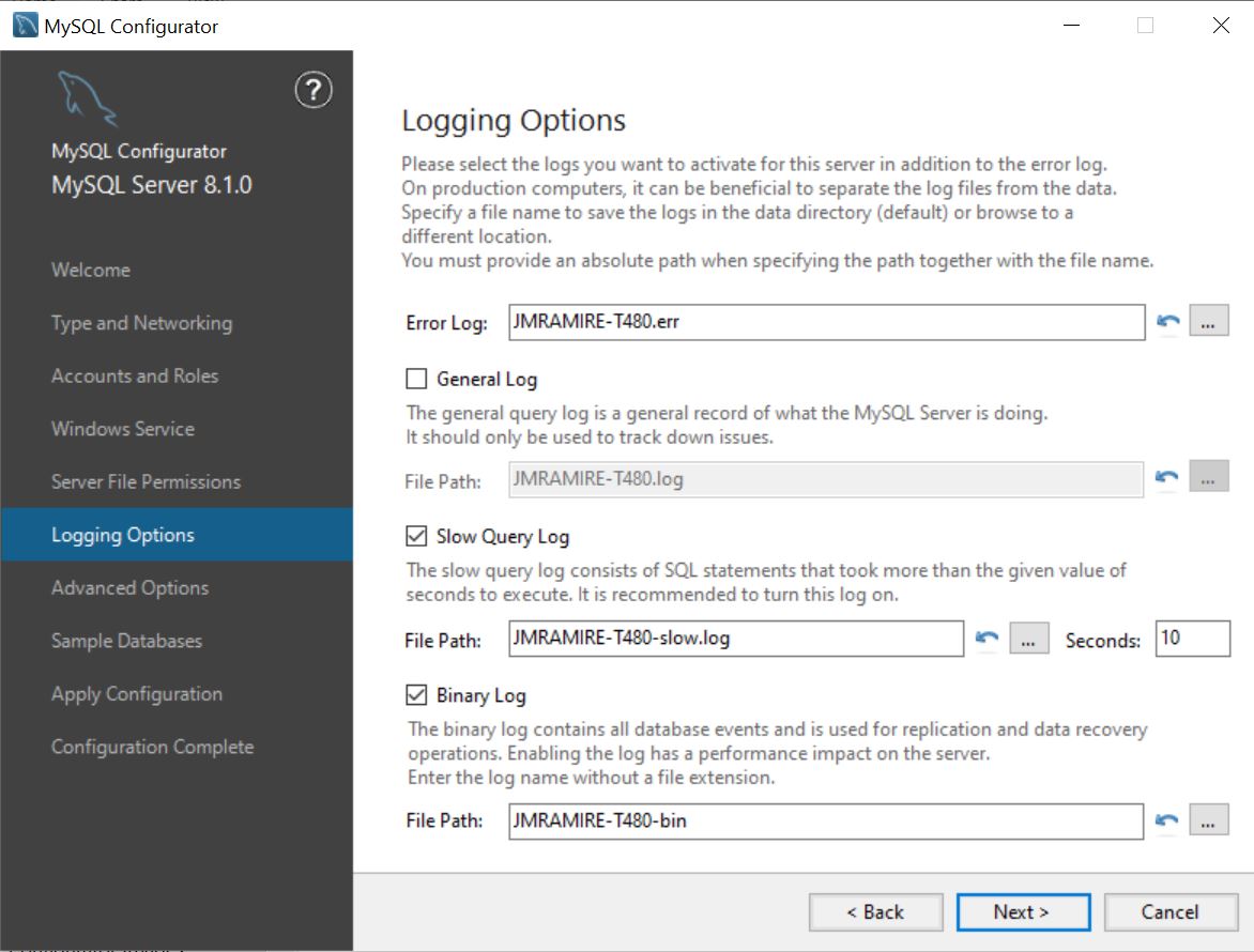 MySQL Configurator Logging Options