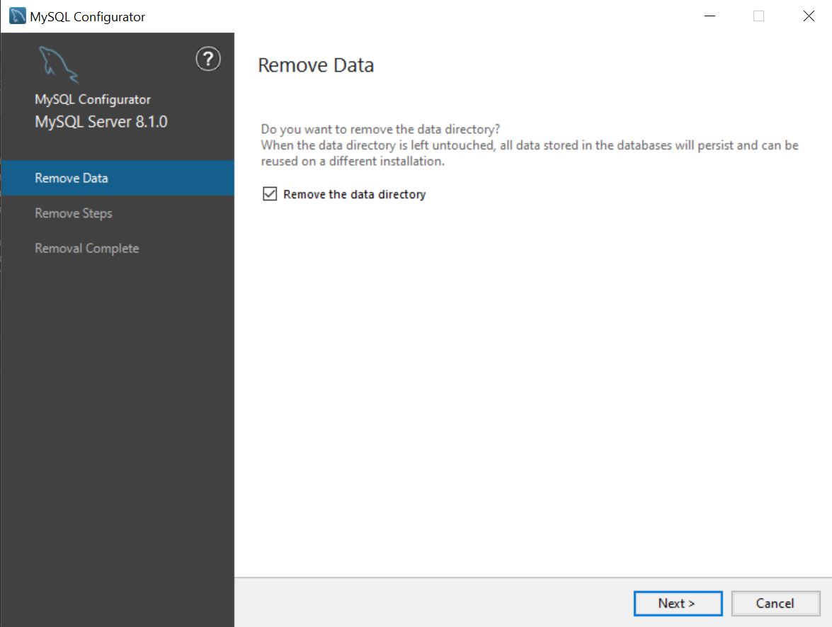 MySQL Configurator Remove Data Dir