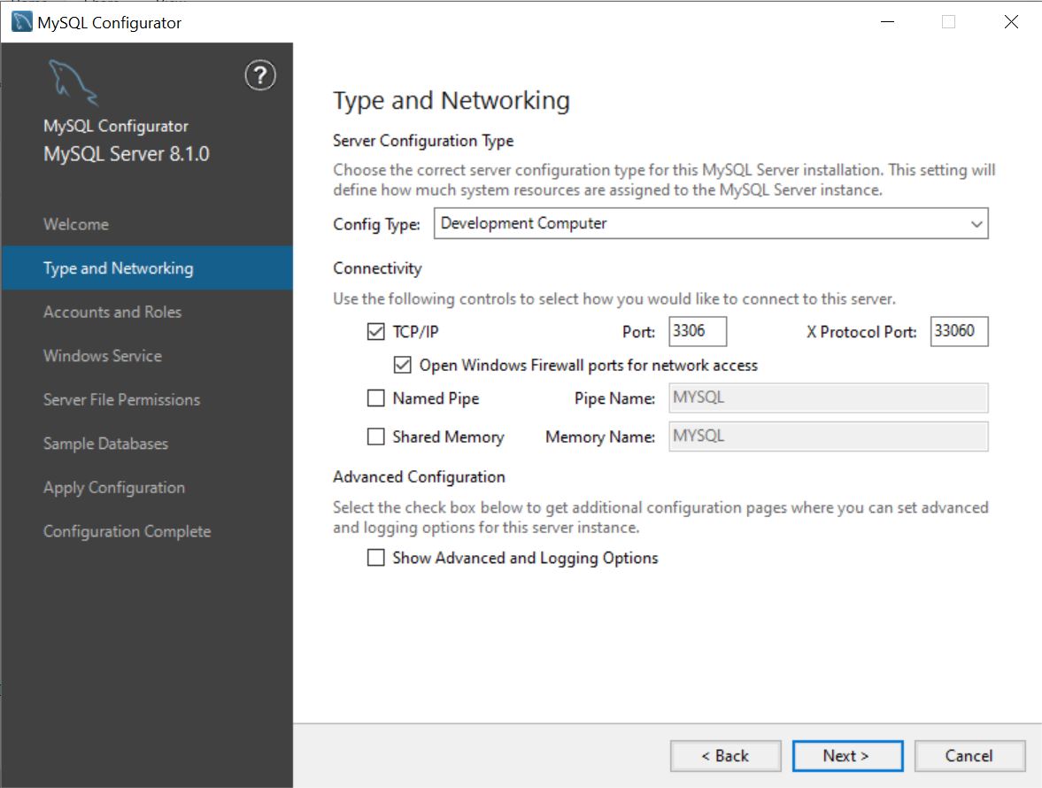 MySQL Configurator Type And Networking Page
